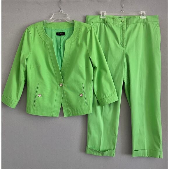 Talbots Bright Green Cotton Blend Pant Suit Blazer & Cropped Heritage Pants 16 - Picture 1 of 16
